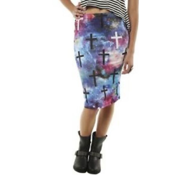 Modern Lux Stretch Multicolor and Cross Midiskirt, S, christcore, bubble goth - Picture 1 of 7